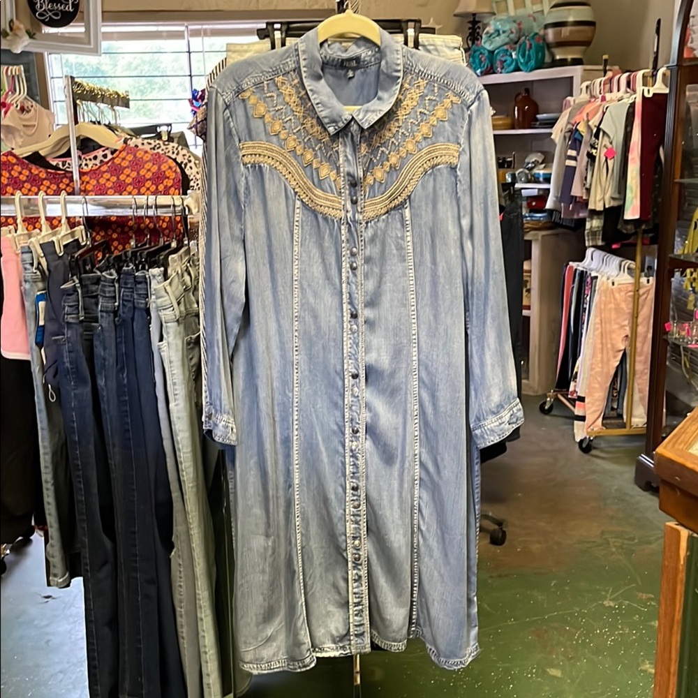 Reba Blue Denim Midi Dress with Gold Accents